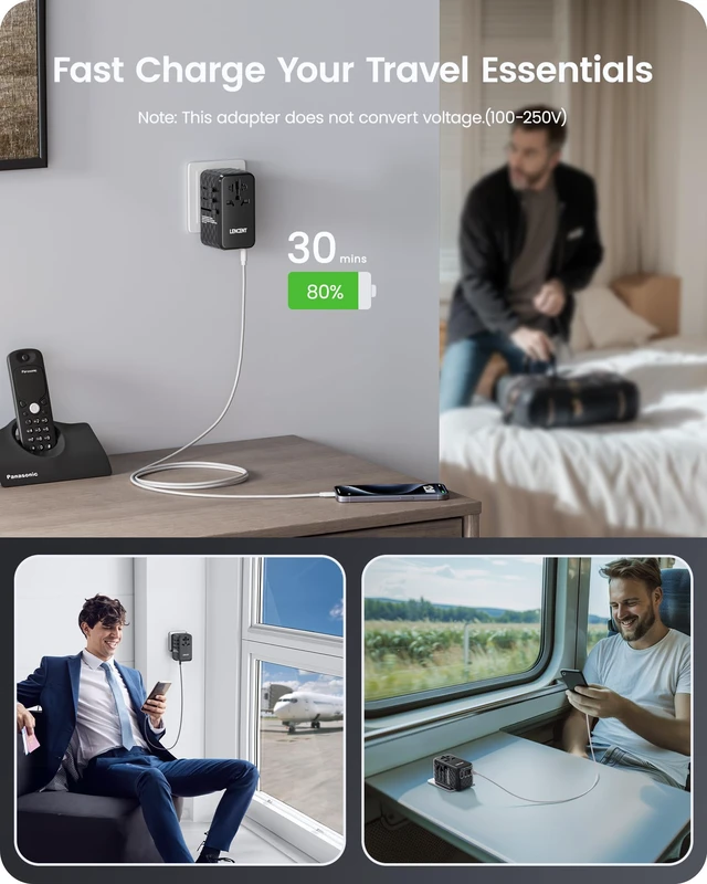 Alt view image 6 of 7 - 140W International Travel Adapter, GaN Universal Travel Adapter with 1 USB-A & 3 Type C Power Adapter, Fast Charger for Phone,Laptops, Worldwide Plug Adapter for USA/UK/EU/AUS, Black