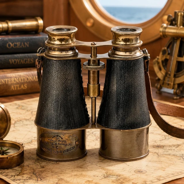 Alt view image 2 of 7 - collectiblesBuy Antique Marine Victorian Binoculars Handmade Buffed Leather Cover Belt, 6 inches, Brass