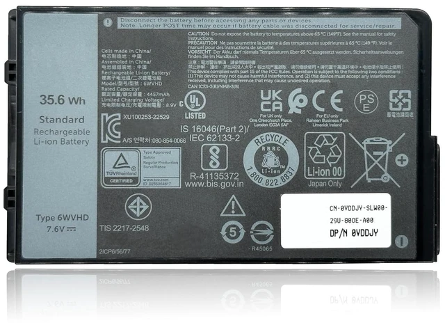 Main image of 35.6Wh 6WVHD Laptop Battery Replacement for Dell Latitude 7230 Rugged Extreme Tablet T06H T06H001 Series Notebook FNW8F VDDJY 0VDDJY JM6CX 0JM6CX 451-BDDY 7.6V 4457mAh