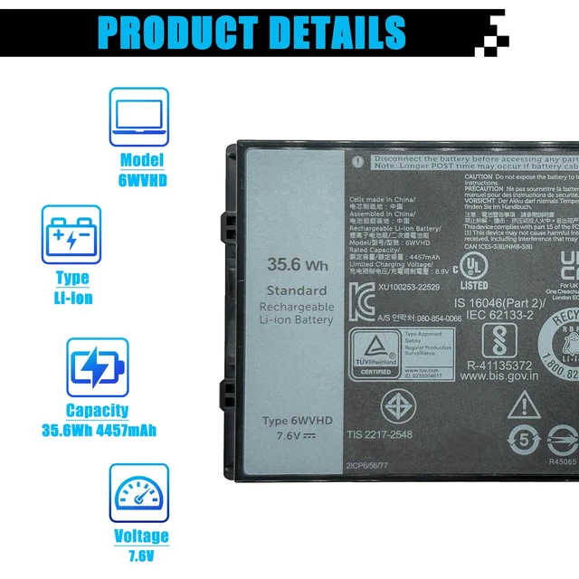 Alt view image 2 of 7 - 35.6Wh 6WVHD Laptop Battery Replacement for Dell Latitude 7230 Rugged Extreme Tablet T06H T06H001 Series Notebook FNW8F VDDJY 0VDDJY JM6CX 0JM6CX 451-BDDY 7.6V 4457mAh