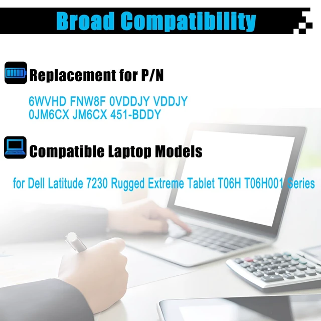 Alt view image 3 of 7 - 35.6Wh 6WVHD Laptop Battery Replacement for Dell Latitude 7230 Rugged Extreme Tablet T06H T06H001 Series Notebook FNW8F VDDJY 0VDDJY JM6CX 0JM6CX 451-BDDY 7.6V 4457mAh