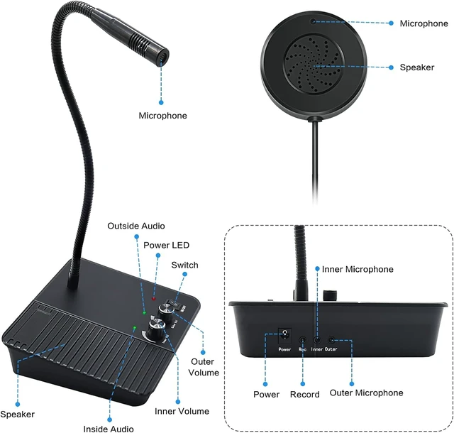 Alt view image 6 of 7 - Window Intercom Speaker System Microphone for Business Counter Desk Mute Button;Flexible Gooseneck;Dual Way;Anti-Interference; Anti-howling;Inner and Outer Volume Knobs;REC jack