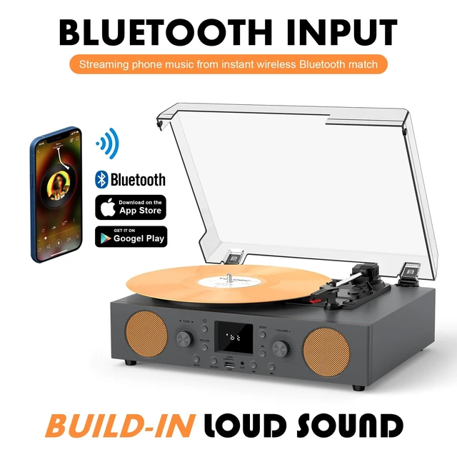 Alt view image 2 of 7 - Vinyl Record Player with Speakers, USB Recording Mute Sound, 3 Speed Vintage Turntable with Bluetooth FM Radio RCA Line Out & AXU-in, Grey Record Play