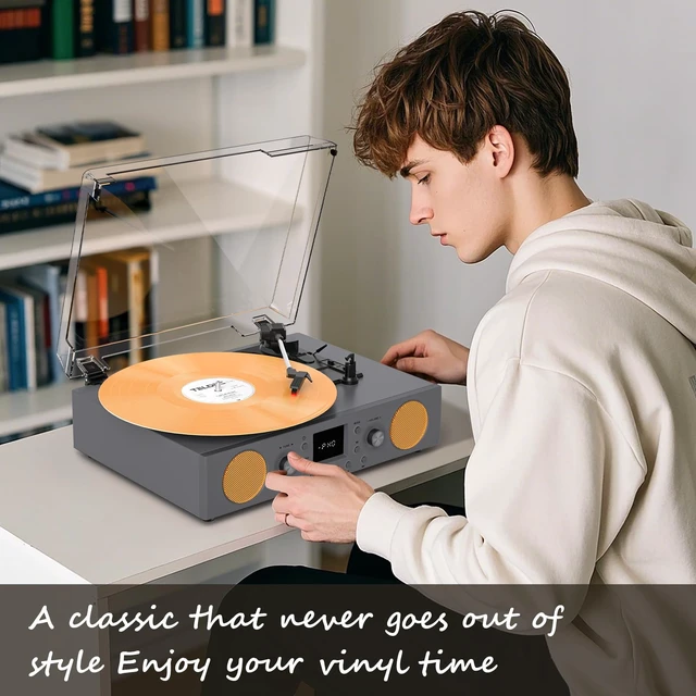 Alt view image 3 of 7 - Vinyl Record Player with Speakers, USB Recording Mute Sound, 3 Speed Vintage Turntable with Bluetooth FM Radio RCA Line Out & AXU-in, Grey Record Play