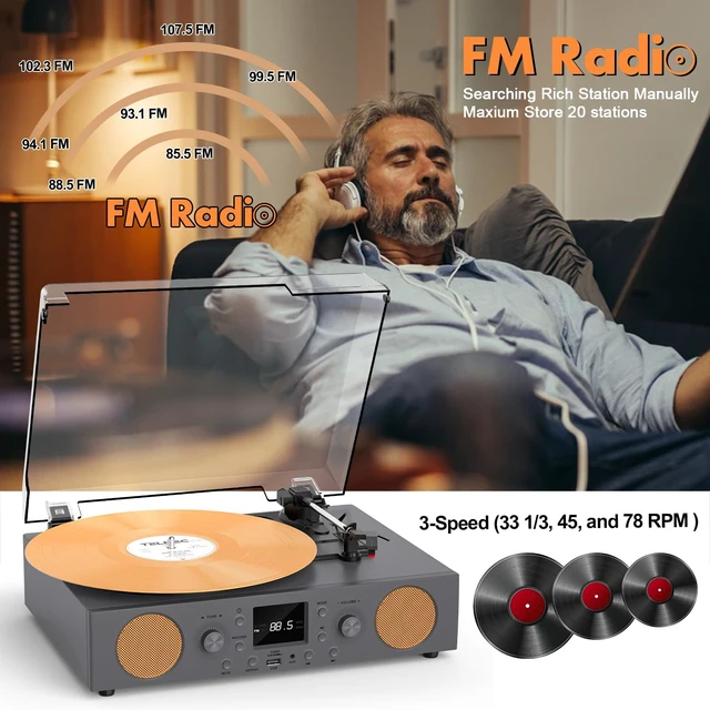 Alt view image 5 of 7 - Vinyl Record Player with Speakers, USB Recording Mute Sound, 3 Speed Vintage Turntable with Bluetooth FM Radio RCA Line Out & AXU-in, Grey Record Play