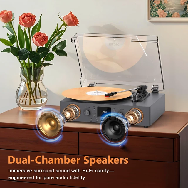 Alt view image 6 of 7 - Vinyl Record Player with Speakers, USB Recording Mute Sound, 3 Speed Vintage Turntable with Bluetooth FM Radio RCA Line Out & AXU-in, Grey Record Play