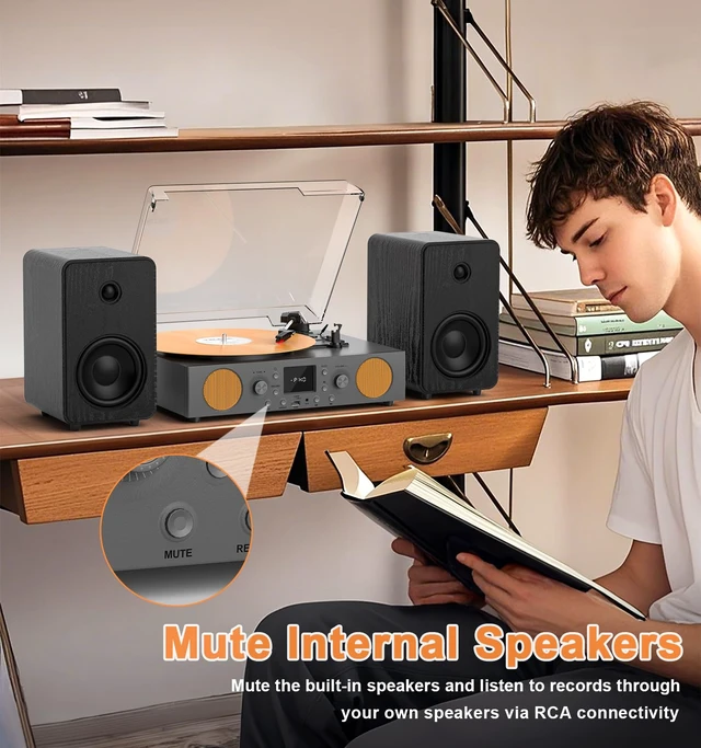 Alt view image 7 of 7 - Vinyl Record Player with Speakers, USB Recording Mute Sound, 3 Speed Vintage Turntable with Bluetooth FM Radio RCA Line Out & AXU-in, Grey Record Play