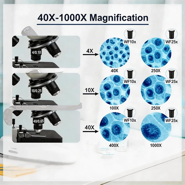 Alt view image 3 of 7 - Compound Microscope Profesional, 40x-1000x Microscope for Adults & Kids, with WF10x and WF25x Eyepieces, Spotlight, Cursor Caliper and Coaxial Bi-Focus, Compatible for Students Education, Lab, Gift