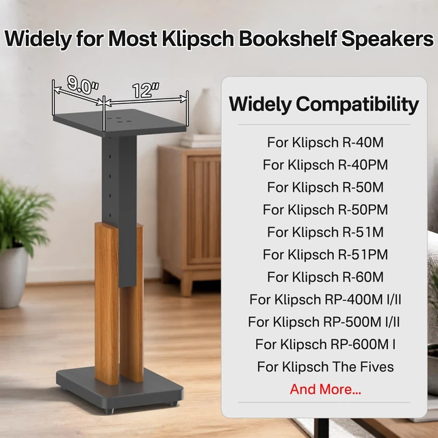 Alt view image 2 of 6 - Wood Speaker Stands Pair for Klipsch Bookshelf Speaker Stands Holds 50Lbs 18"-28" Height Adjustable, Wood Grain Floor Stands for Klipsch R-40PM R50M RP-500M RP-600M Speaker Stands, With Cable Clips
