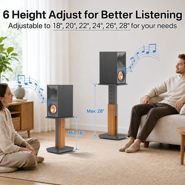 Alt view image 3 of 6 - Wood Speaker Stands Pair for Klipsch Bookshelf Speaker Stands Holds 50Lbs 18"-28" Height Adjustable, Wood Grain Floor Stands for Klipsch R-40PM R50M RP-500M RP-600M Speaker Stands, With Cable Clips