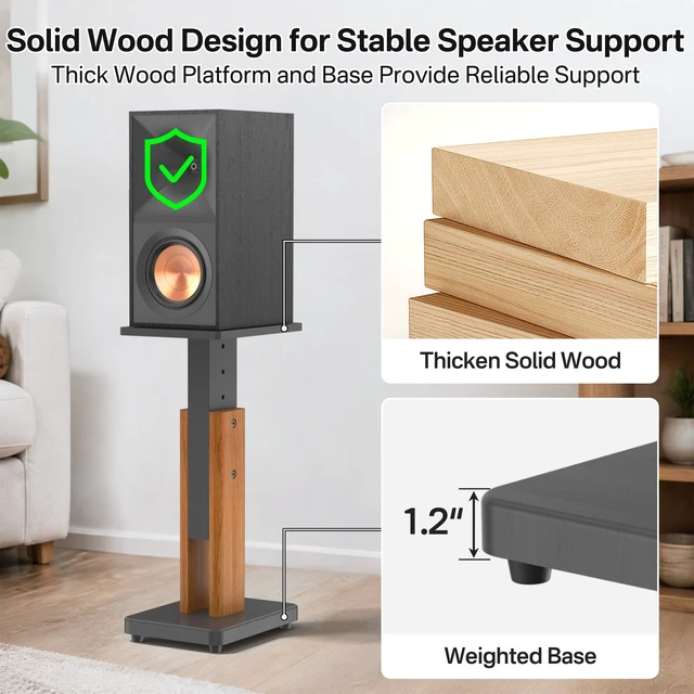 Alt view image 4 of 6 - Wood Speaker Stands Pair for Klipsch Bookshelf Speaker Stands Holds 50Lbs 18"-28" Height Adjustable, Wood Grain Floor Stands for Klipsch R-40PM R50M RP-500M RP-600M Speaker Stands, With Cable Clips