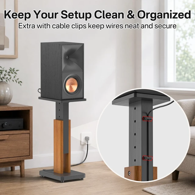 Alt view image 5 of 6 - Wood Speaker Stands Pair for Klipsch Bookshelf Speaker Stands Holds 50Lbs 18"-28" Height Adjustable, Wood Grain Floor Stands for Klipsch R-40PM R50M RP-500M RP-600M Speaker Stands, With Cable Clips
