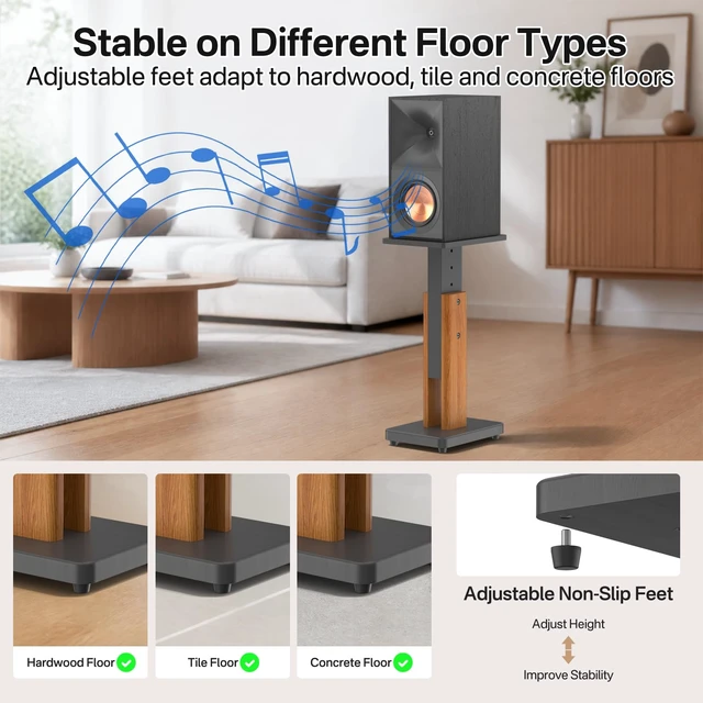 Alt view image 6 of 6 - Wood Speaker Stands Pair for Klipsch Bookshelf Speaker Stands Holds 50Lbs 18"-28" Height Adjustable, Wood Grain Floor Stands for Klipsch R-40PM R50M RP-500M RP-600M Speaker Stands, With Cable Clips