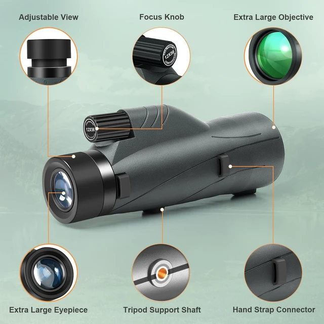 Alt view image 2 of 7 - 12x56 High Power Monocular Telescope with Smartphone Adapter Tripod Travel Bag, Larger Vision Monoculars for Adults with BAK4 Prism & FMC Lens, Suitable for Bird Watching Hunting Hiking Camping