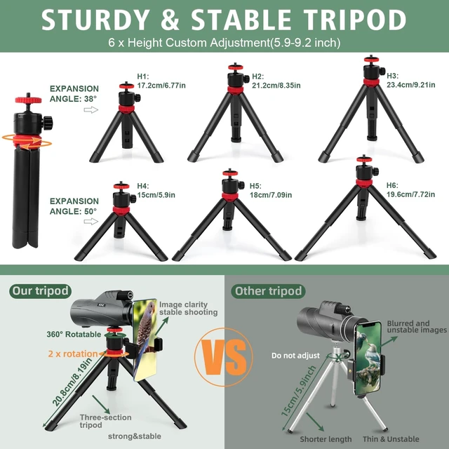 Alt view image 3 of 7 - 12x56 High Power Monocular Telescope with Smartphone Adapter Tripod Travel Bag, Larger Vision Monoculars for Adults with BAK4 Prism & FMC Lens, Suitable for Bird Watching Hunting Hiking Camping