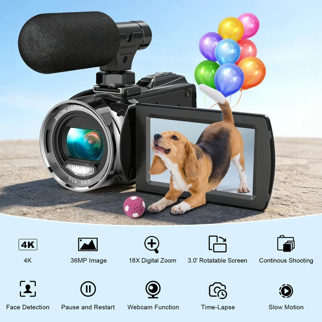 Alt view image 3 of 7 - 4K Video Camera Camcorder UHD 36MP Vlogging Camera for YouTube 18x Digital Zoom 3" 270° Rotation IPS Screen Video Camcorder with Fill Light, Mic, 32GB Card, Battery