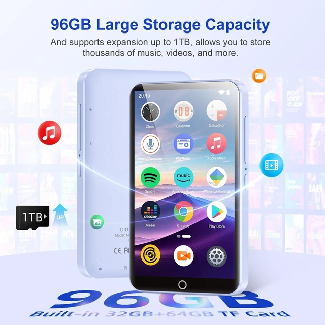 Alt view image 4 of 7 - 96GB MP3 Player with Bluetooth and WiFi, 4.0'' IPS Touch Screen MP4 Players, Android Music Player Built-in Speaker, Support Spotify, Music, Deezer, Audible, FM Radio, Expandable Up to 1TB