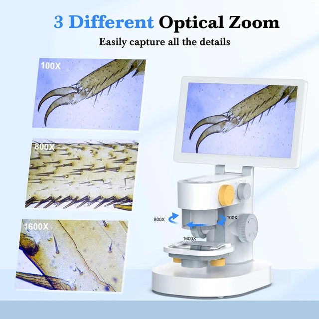 Alt view image 3 of 7 - Biological 1600X Digital Microscope with 9" IPS Touchscreen Optical Objective Lenses, STEM Kids Microscope, Windows/Mac Compatible