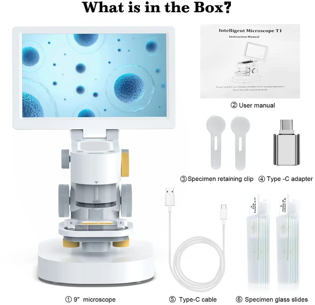 Alt view image 7 of 7 - Biological 1600X Digital Microscope with 9" IPS Touchscreen Optical Objective Lenses, STEM Kids Microscope, Windows/Mac Compatible
