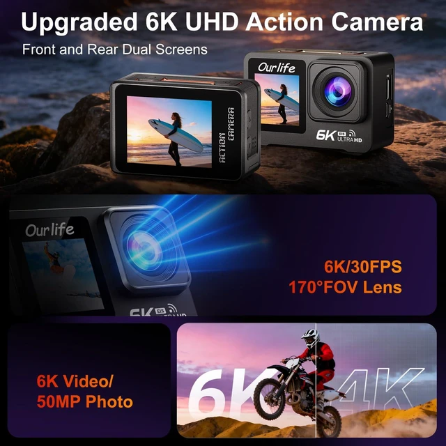 Alt view image 2 of 7 - 6K/30fps Action Camera Stunning Low-Light Imaging Dual Screen Touch with 9:16 Vertical,170°Wide FOV,30M Waterproof Underwater Camera for Snorkeling EIS Remote Control(32GB)