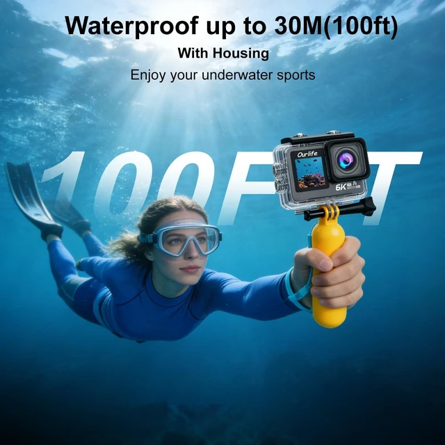 Alt view image 7 of 7 - 6K/30fps Action Camera Stunning Low-Light Imaging Dual Screen Touch with 9:16 Vertical,170°Wide FOV,30M Waterproof Underwater Camera for Snorkeling EIS Remote Control(32GB)