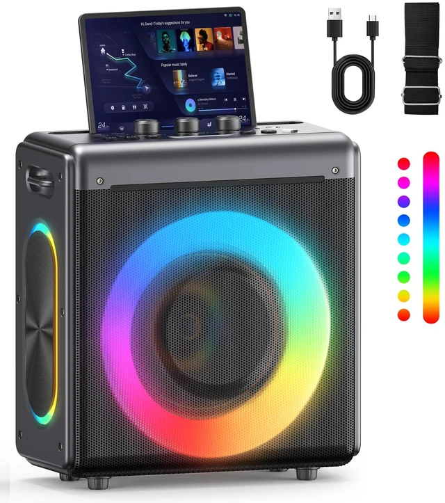 Main image of Portable Bluetooth Speaker 2 Wireless Rechargeable Mics,Party Speaker Clear sound, Deep Bass, 20H playtime, LED lights, Tablet Holder, TWS, 4 effects,For Home Parties, Camping and Outdoor Events