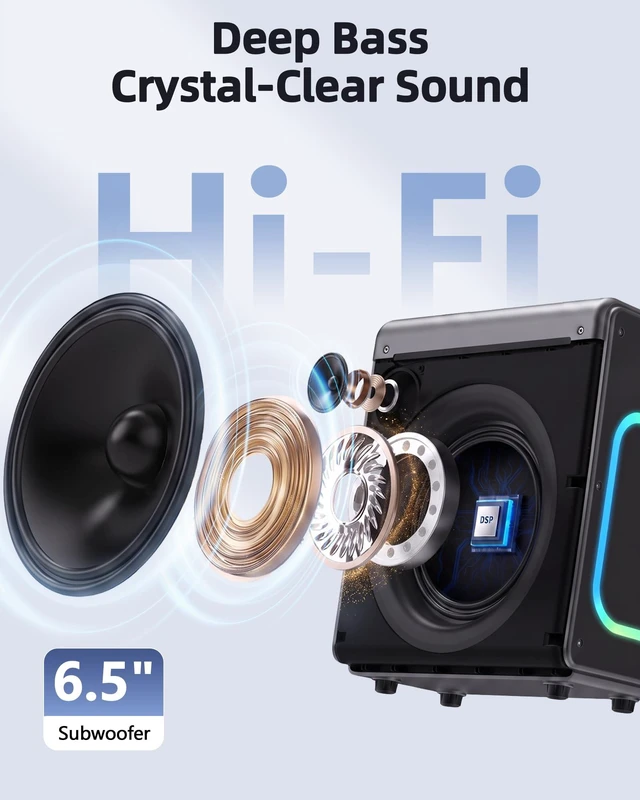 Alt view image 3 of 7 - Portable Bluetooth Speaker 2 Wireless Rechargeable Mics,Party Speaker Clear sound, Deep Bass, 20H playtime, LED lights, Tablet Holder, TWS, 4 effects,For Home Parties, Camping and Outdoor Events
