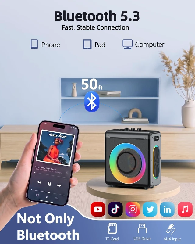 Alt view image 4 of 7 - Portable Bluetooth Speaker 2 Wireless Rechargeable Mics,Party Speaker Clear sound, Deep Bass, 20H playtime, LED lights, Tablet Holder, TWS, 4 effects,For Home Parties, Camping and Outdoor Events