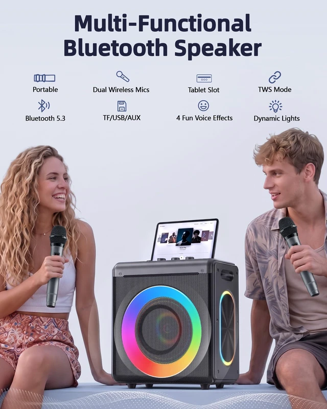 Alt view image 2 of 7 - Portable Bluetooth Speaker 2 Wireless Rechargeable Mics,Party Speaker Clear sound, Deep Bass, 20H playtime, LED lights, Tablet Holder, TWS, 4 effects,For Home Parties, Camping and Outdoor Events