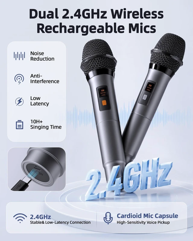 Alt view image 5 of 7 - Portable Bluetooth Speaker 2 Wireless Rechargeable Mics,Party Speaker Clear sound, Deep Bass, 20H playtime, LED lights, Tablet Holder, TWS, 4 effects,For Home Parties, Camping and Outdoor Events