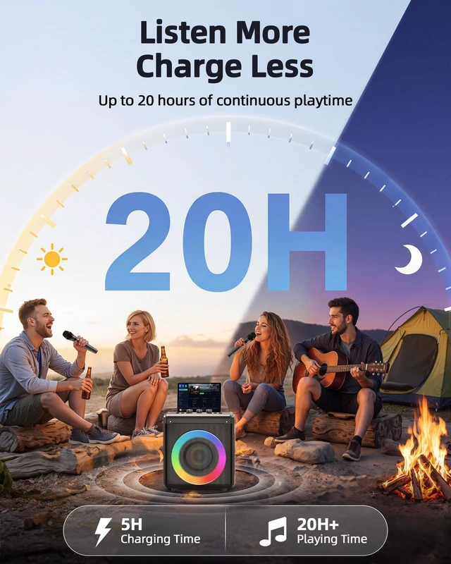 Alt view image 6 of 7 - Portable Bluetooth Speaker 2 Wireless Rechargeable Mics,Party Speaker Clear sound, Deep Bass, 20H playtime, LED lights, Tablet Holder, TWS, 4 effects,For Home Parties, Camping and Outdoor Events