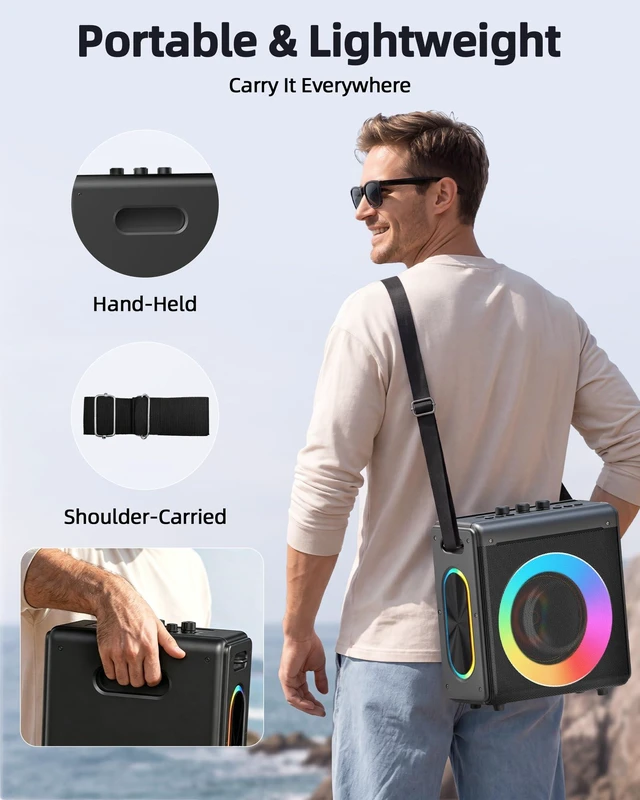Alt view image 7 of 7 - Portable Bluetooth Speaker 2 Wireless Rechargeable Mics,Party Speaker Clear sound, Deep Bass, 20H playtime, LED lights, Tablet Holder, TWS, 4 effects,For Home Parties, Camping and Outdoor Events