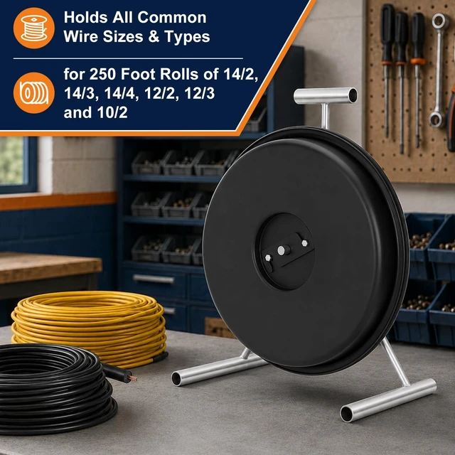 Alt view image 3 of 7 - Upgraded 620S Wire Dispenser Wheel,Stainless Steel Stand for 250ft Cable Fits 14/2 to 10/2, Rust-Proof Heavy-Duty Handle,Tangle-Free Portable Spool Kit for Electricians & Contractors,Black