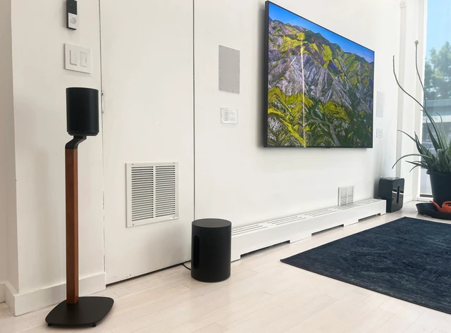 Alt view image 3 of 6 - Premium Walnut Floor Stand for Sonos Era 100, 300, Black Premium wooden walnut floor stand for Sonos Era 100, ERA 100 SL, and Era 300 speakers, 30.75" Fixed Height, Cable Management