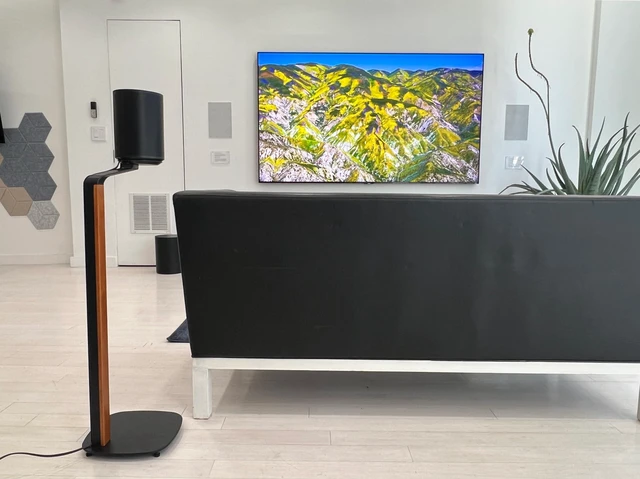 Alt view image 4 of 6 - Premium Walnut Floor Stand for Sonos Era 100, 300, Black Premium wooden walnut floor stand for Sonos Era 100, ERA 100 SL, and Era 300 speakers, 30.75" Fixed Height, Cable Management