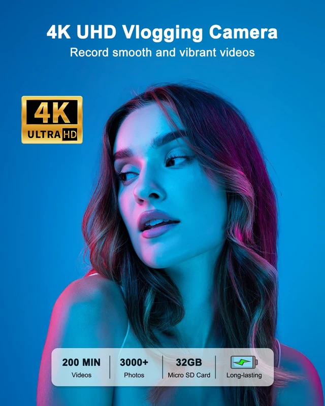 Alt view image 2 of 7 - 4K Digital Camera with WiFi, 64MP Autofocus Vlogging Camera for Photography 32GB Card Compact Travel Camera, 180° Flip Screen Selfie Camera for Beginners & Teens, 2 Batteries