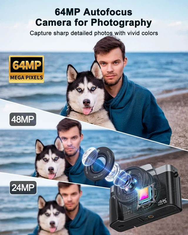 Alt view image 3 of 7 - 4K Digital Camera with WiFi, 64MP Autofocus Vlogging Camera for Photography 32GB Card Compact Travel Camera, 180° Flip Screen Selfie Camera for Beginners & Teens, 2 Batteries