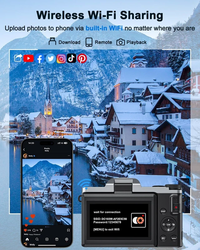 Alt view image 4 of 7 - 4K Digital Camera with WiFi, 64MP Autofocus Vlogging Camera for Photography 32GB Card Compact Travel Camera, 180° Flip Screen Selfie Camera for Beginners & Teens, 2 Batteries