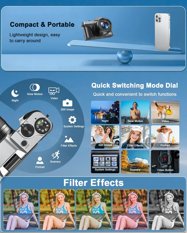 Alt view image 5 of 7 - 4K Digital Camera with WiFi, 64MP Autofocus Vlogging Camera for Photography 32GB Card Compact Travel Camera, 180° Flip Screen Selfie Camera for Beginners & Teens, 2 Batteries