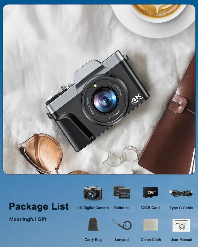 Alt view image 7 of 7 - 4K Digital Camera with WiFi, 64MP Autofocus Vlogging Camera for Photography 32GB Card Compact Travel Camera, 180° Flip Screen Selfie Camera for Beginners & Teens, 2 Batteries