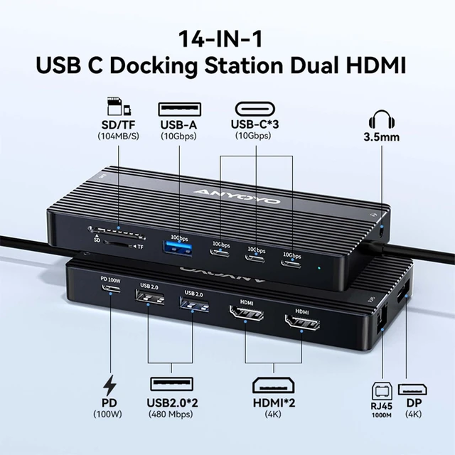 Alt view image 2 of 7 - USB C Docking Station Dual Monitor, 14 in 1 Docking Station 3 Monitors with 2 * 4K HDMI, DP, 5*USB-A/C 10Gbps Ports, Ethernet, SD/TF,100W PD, Hub Multiport Adapter for HP/Dell/Lenovo