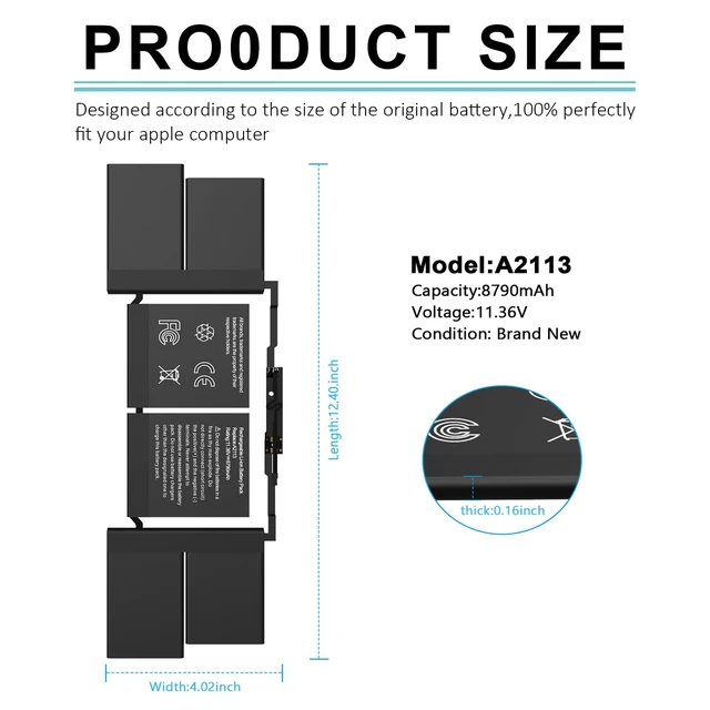 Alt view image 2 of 7 - A2141 A2113 Laptop Battery Replacement for MacBook Pro 16 Inch A2141 2020 2019 Year EMC 3347 fits MVVL2 MVVL2LL/A MVVM2 MVVM2LL/A MVVJ2 MVVK2 MVVK2LL/A 99.8Wh 8790mAh 11.36V
