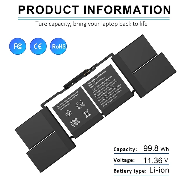 Alt view image 3 of 7 - A2141 A2113 Laptop Battery Replacement for MacBook Pro 16 Inch A2141 2020 2019 Year EMC 3347 fits MVVL2 MVVL2LL/A MVVM2 MVVM2LL/A MVVJ2 MVVK2 MVVK2LL/A 99.8Wh 8790mAh 11.36V