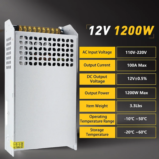 Alt view image 3 of 7 - 110V AC to 12V DC Converter 100A 1200W Power Supply 120V to 12V Converter AC to DC Converter 12V 100A 1200W Switch Power Supply for CCTV Camera System, 3D Printer, LED Strip, PCP Air Pump
