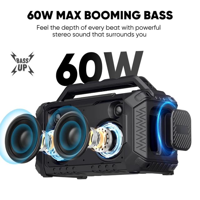 Alt view image 2 of 7 - Portable Bluetooth Speakers for Jobsite - 60W Waterproof Loud Outdoor Speaker with Bass, Wireless Boombox w/Stereo Sound & RGB Lights, 12H Playtime, Durable for Work, Workshop, Garage, Camping
