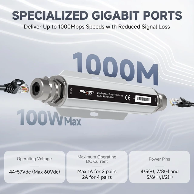 Alt view image 4 of 7 - Ethernet Surge Protector Gigabit Outdoor 20KV Industrial Lightning Arrestor for -40°F to 149°F, IP67 rated, 100W PoE++ RJ45, Gas Discharge TubeGDT, PT-PR01GB-OT