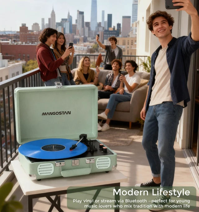 Alt view image 2 of 7 - Bluetooth Record Player, 3-Speed Suitcase Turntable, Green Play 7/10/12 inch records with 3 speeds, Bluetooth connection, built-in speakers, AUX-in, RCA output and headphone jack