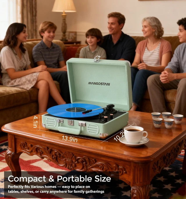 Alt view image 5 of 7 - Bluetooth Record Player, 3-Speed Suitcase Turntable, Green Play 7/10/12 inch records with 3 speeds, Bluetooth connection, built-in speakers, AUX-in, RCA output and headphone jack