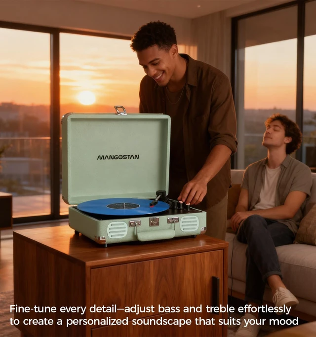Alt view image 7 of 7 - Bluetooth Record Player, 3-Speed Suitcase Turntable, Green Play 7/10/12 inch records with 3 speeds, Bluetooth connection, built-in speakers, AUX-in, RCA output and headphone jack