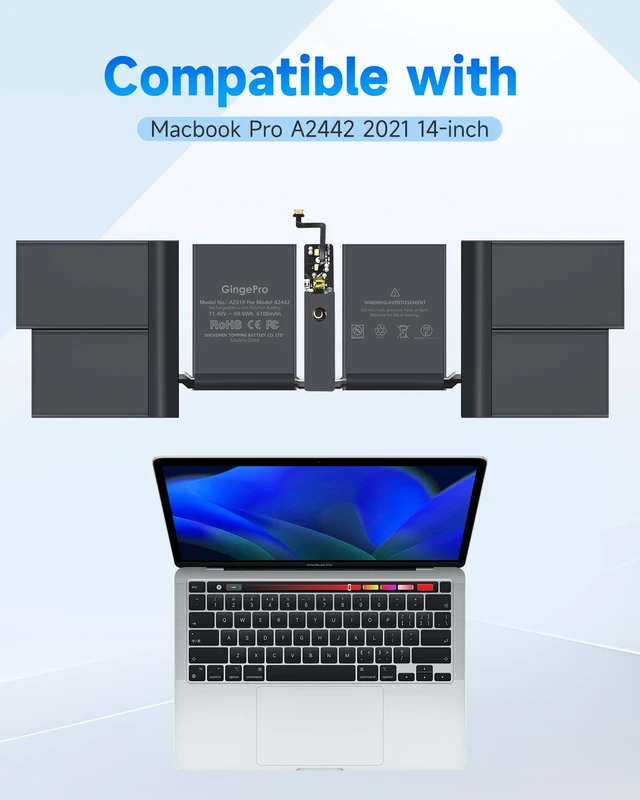 Alt view image 2 of 6 - Replacement Battery for MacBook Pro A2442, 14-Inch, 2021 Replaces battery: A2519, 11.46 V 6100 mAh 69.9 Wh, tool kit, up to 1000 cycles, guide, 3 screwdrivers